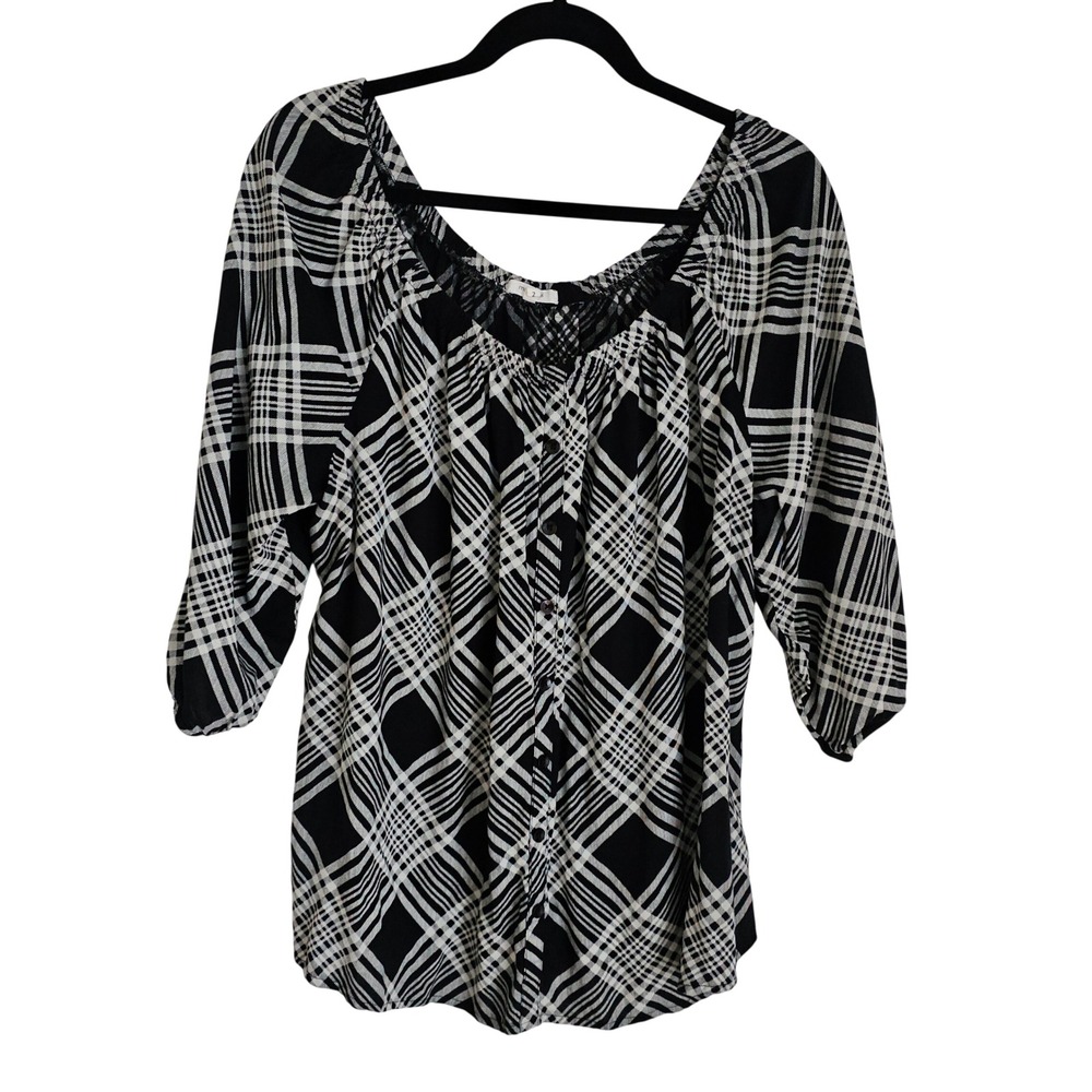 Maurices Black White Plaid Button Front Blouse 3/4 Sleeve Rayon Top Size 2 (2X)